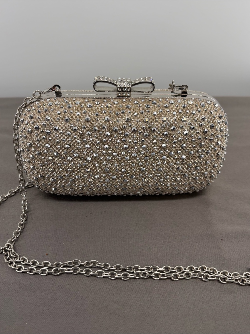 Gold Crystal Bow Embellished Evening Clutch with Chain
